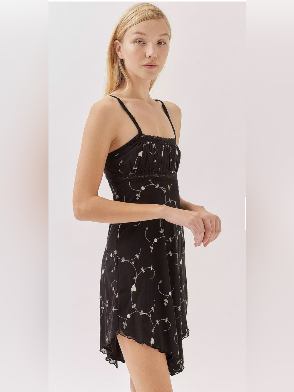 Urban Outfitters Nikita Black Embroidered Hanky Hem Mini Dress Size Large
